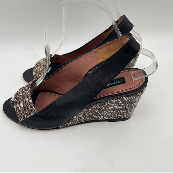 DEREK LAM Snakeskin Wedge Black Leather Strappy Slingback Shoes Heels Size 7 - Picture 4 of 11